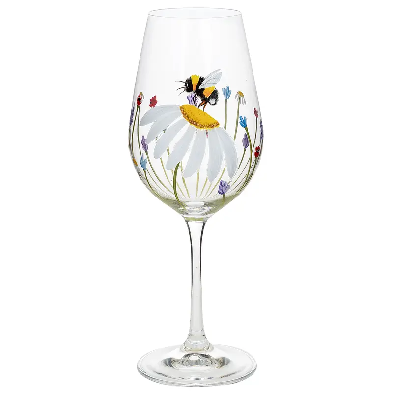 Shudehill Giftware Hand Painted Floral Design Wine Glass - Lavender, Poppy, Daisy, Butterfly, Bee, Dragonfly, Meadow Unique Pretty Designs Drinkware Drink 4
