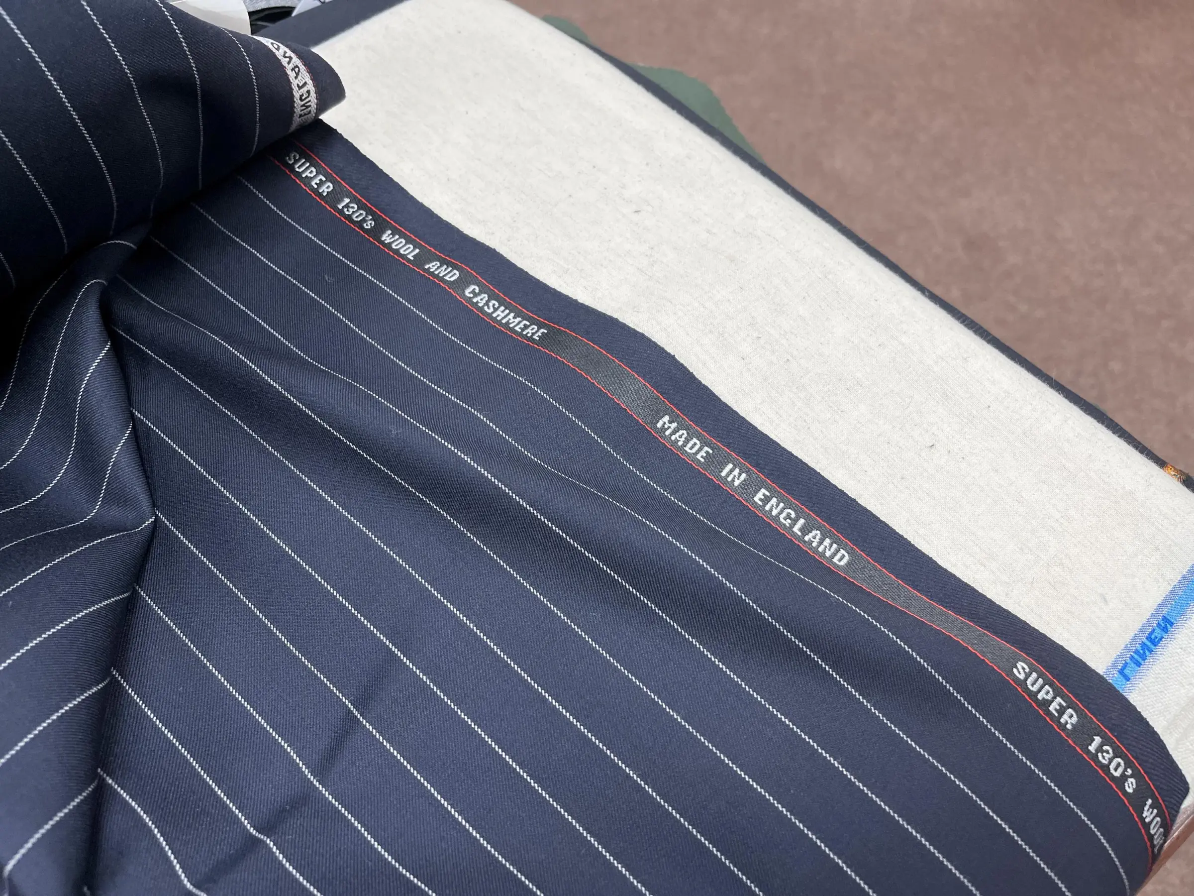 NEW High Class Navy Super 130’s Wool Cashmere Stripe Suiting Fabric (New Collection) (Please See Description)