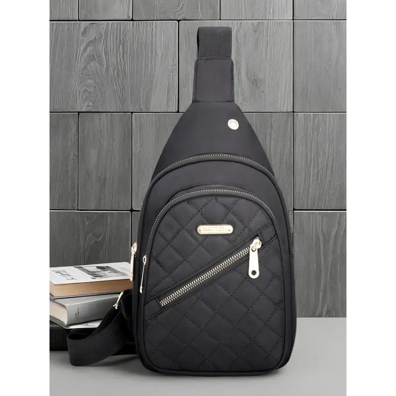 Women's Solid Color Quilted Fanny Pack, Casual Multi-pocket Zipper Design Sling Bag with Headphone Jack, Fashionable Chest Bag for Outdoor Sports