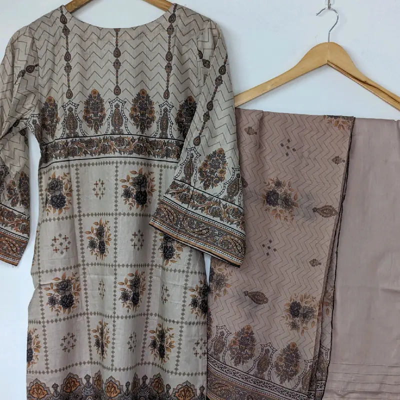 Beautiful Lawn Embroidery 3pc Suit, Baige, with Chiffon Scarf and trouser. Comfort Womenswear Overalls 4