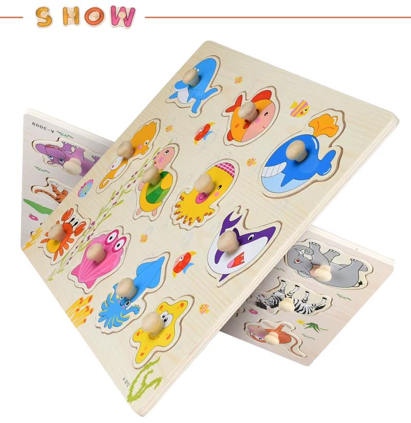 Product Introduction of MONTESSORI WOODEN PUZZLES: Hand Grab Boards, Tangram, Jigsaw Educational Toys featuring Cartoon Vehicles, Animals, and Fruits in 3D Puzzles 5