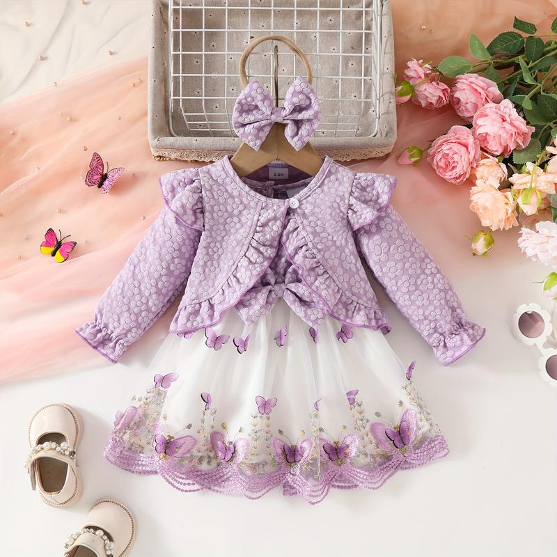 Product Introduction of 3pcs Fashion Casual Girl Butterfly Style Long Sleeve Ruffle Short Top + Sleeveless Mesh Butterfly Dress + Bow Hair Tie 1