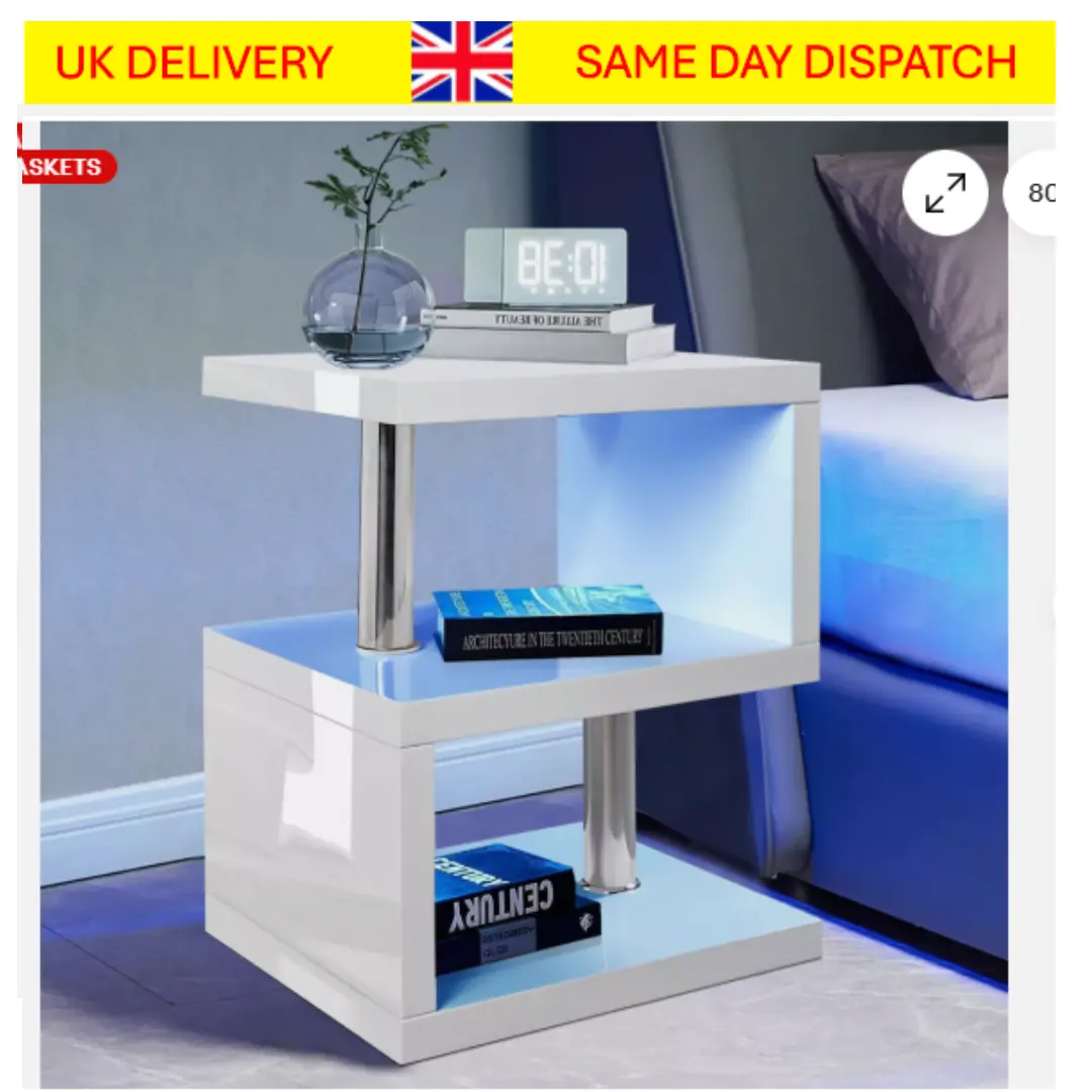 High Gloss Side Coffee Table 2 Tier Bedside End Table With LED Light Living Room