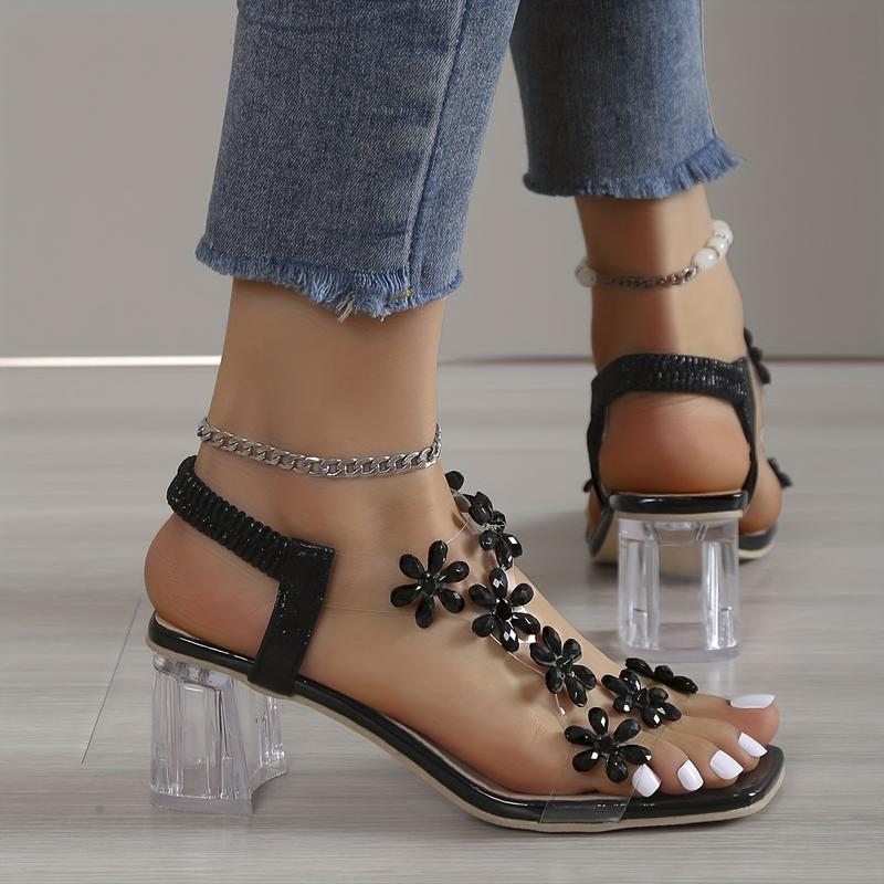 Women's Flower Rhinestone Block Heel Sandals, Fashion Square Open Toe Elastic Strap Slip On High Heels, Versatile Sandals 8