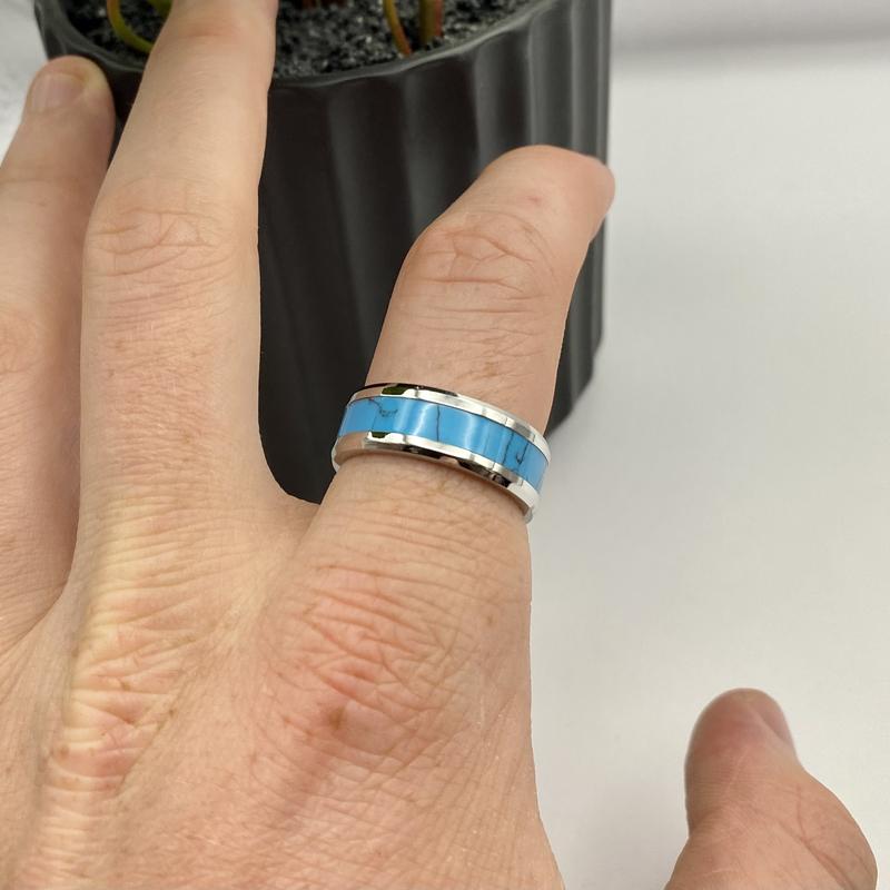Turquoise Band ring - Stainless Steel Ring - Silver Turquoise Unisex Ring - Aqua Blue Stone Band - Greek Stainless steel Ring - Titanium Sea Marble ring - Steel Coloured Abalone Ring - Gifts for men 6