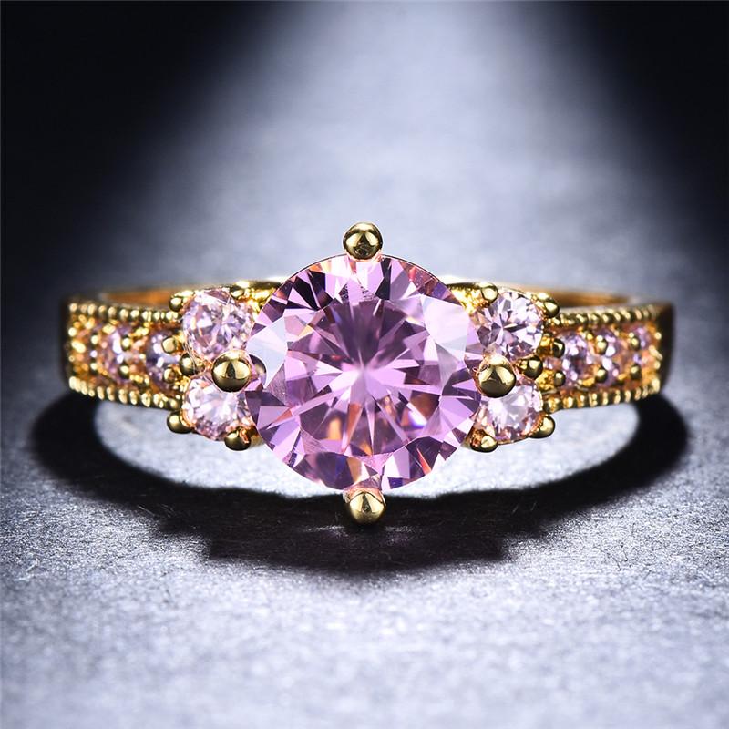 Product Introduction of Boho Purple Pink zirconia Ring Round Cut 18k Gold Plated Wedding Engagement Evening Party Ring 8