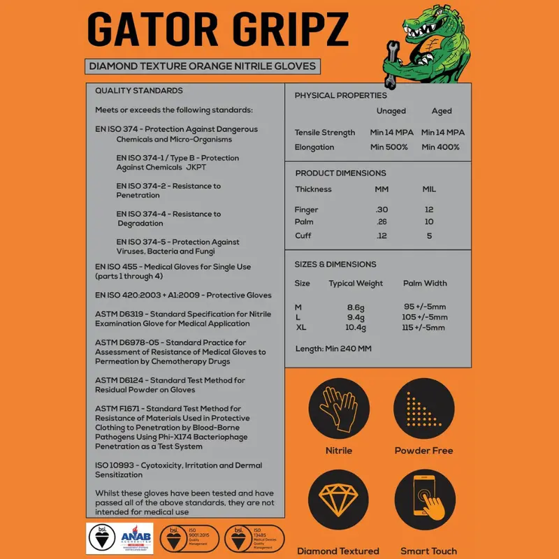 10 Boxes of Gator Gripz by Tough Glove - 10 Boxes of 50 Gloves (500 Gloves) - Super Strong 10 Mil Thick - Orange Diamond Grip -Disposable Nitrile Gloves - Latex & Powder Free 5