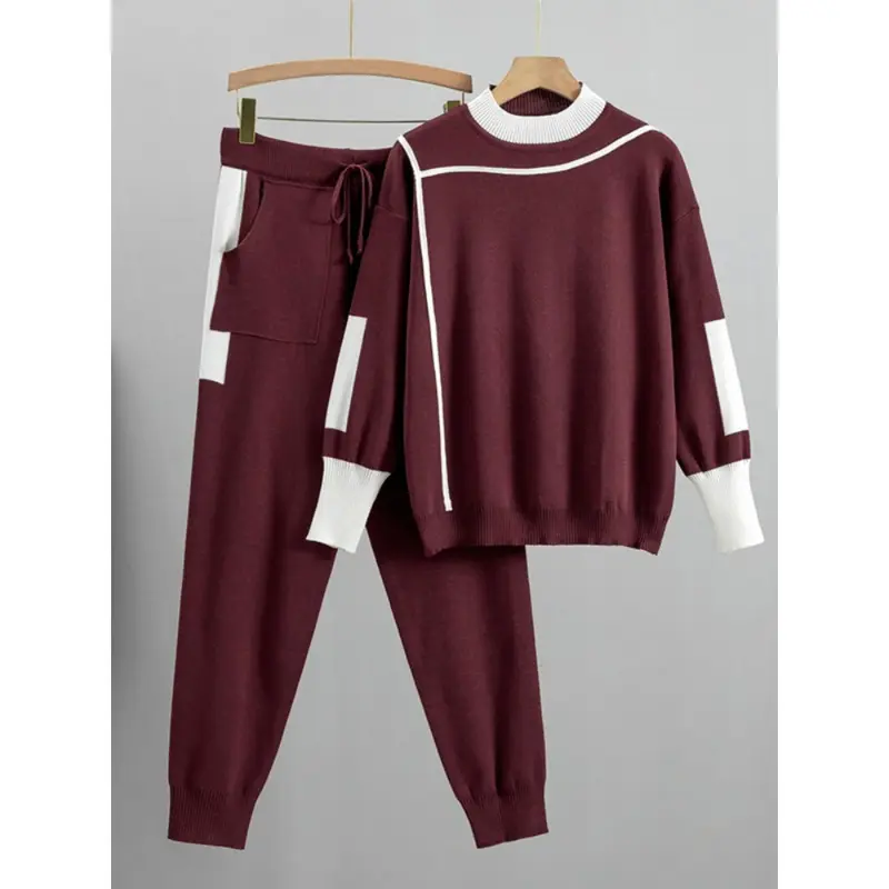 Winter Women Knitted 2 Pieces Set Muslim Casual Thicken Pullover Sweater Knitted Pant 2PCS Suits Outfit Sport Warm Set 2024 1