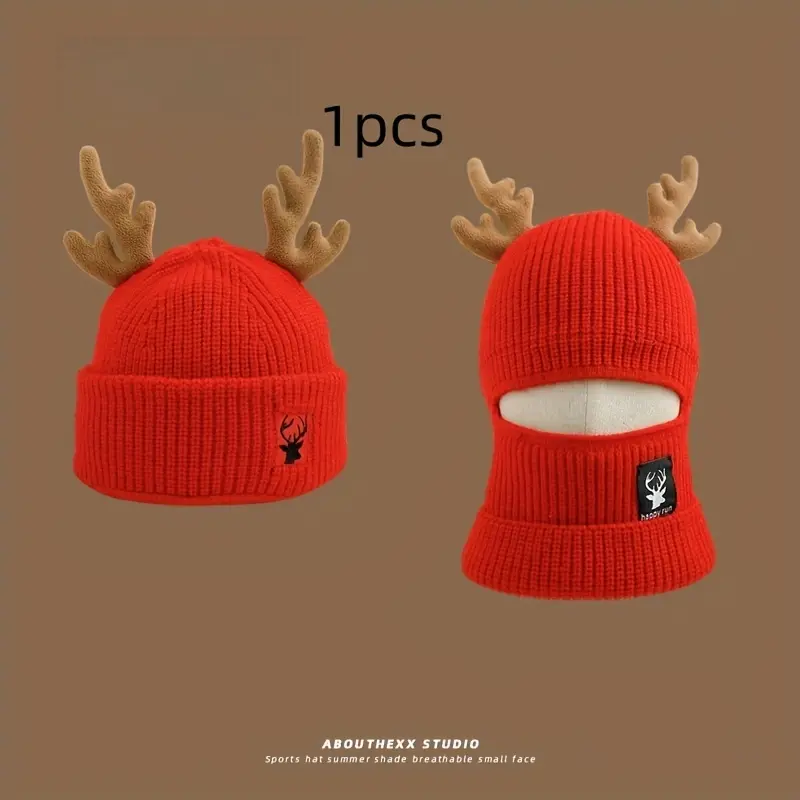 Red Reindeer Antler Beanie with Integrated Scarf, Acrylic Knit Winter Hat, Thick Warm Ear Warmer, Elastic, with Hand Wash Only, for Fall/Winter Season 2