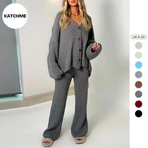 KatchMe V Neck Commuter Cardigan & Wide Leg Pants Co-ord(One Size: 6-20UK),Comfort Basic Two-Piece Outfits for Fall & Winter,Minimalist Womenswear