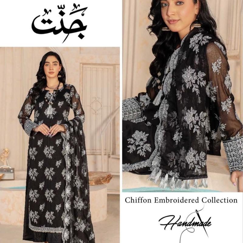 Black Embroidered Chiffon Readymade Kameez with Matching Dupatta for Women | JS161 0
