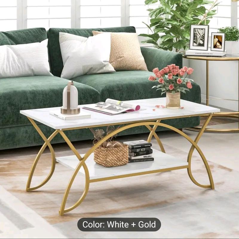 Modern Faux Marble Coffee Table, 2-Tier Rectangular Accent Table with Gold Finished Metal Frame, Chic Cocktail Table with Storage Shelf, Snack End Table for Living Room & Lounge 3