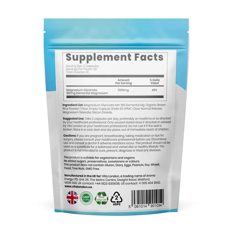 Magnesium Glycinate - 1000mg - 3 Months Supply - 180 Capsules - High Strength - Chelated - Capsules (Not Tablets, Gummies Or Powder) - Vegan Gluten Free GMO Free - Vita London - Biglycinate Essentials Wellness Supplements Vitamins Men Women Spring Winter 1