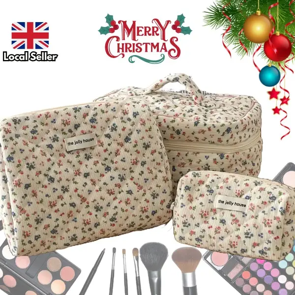 Christmas Gift Ditsy Chic Floral Design Quilted Makeup Bag Set - 3 Count Corduroy Cosmetic Storage Bag for Outing and Travel - Durable & Easy Care 0