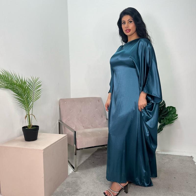 Ladies plain quality satin kaftan dress onesize uk 6-20 abaya lover 1