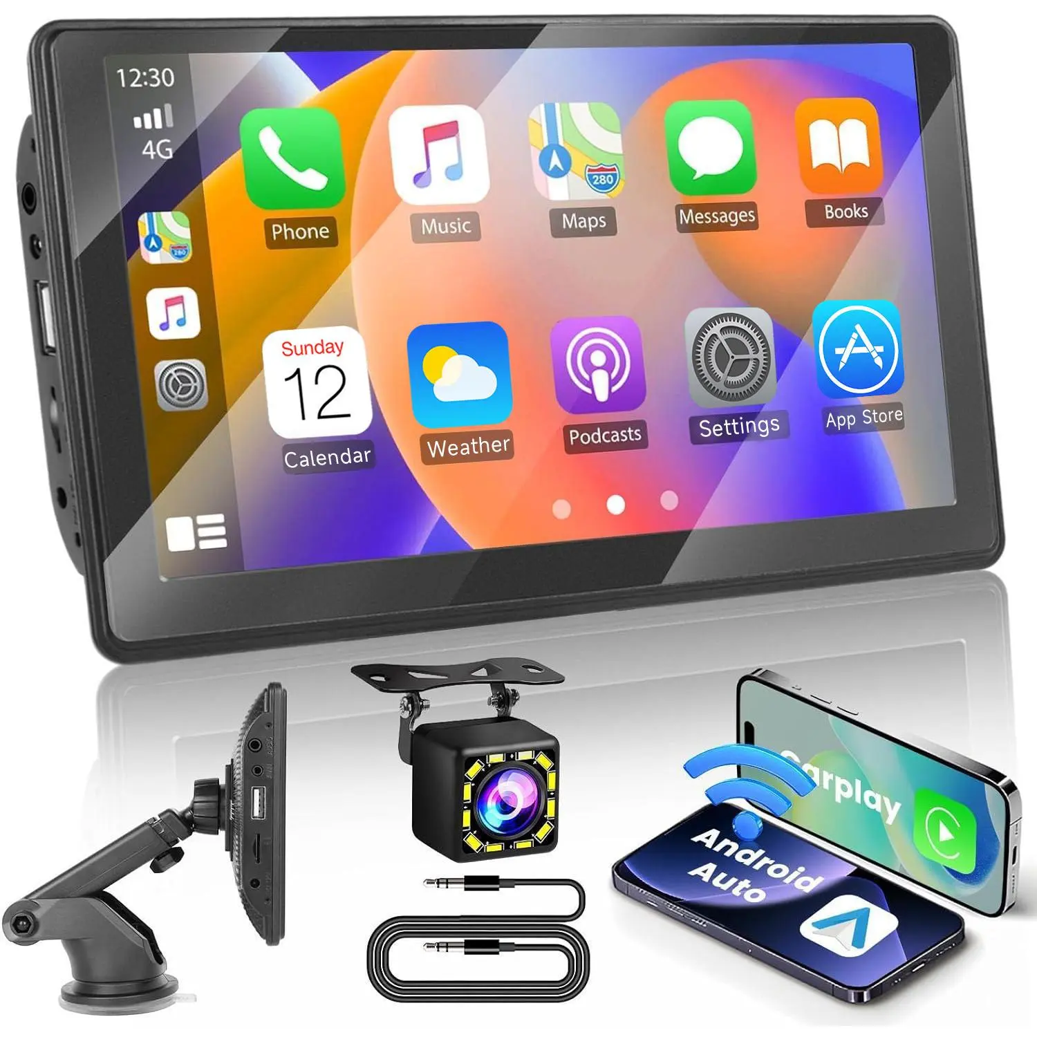Wireless Carplay Portable Car Radio, 7 Inch Touchscreen Bluetooth Radio with Carplay Android Auto GPS Navigation FM Transmitter AUX Backup Camera