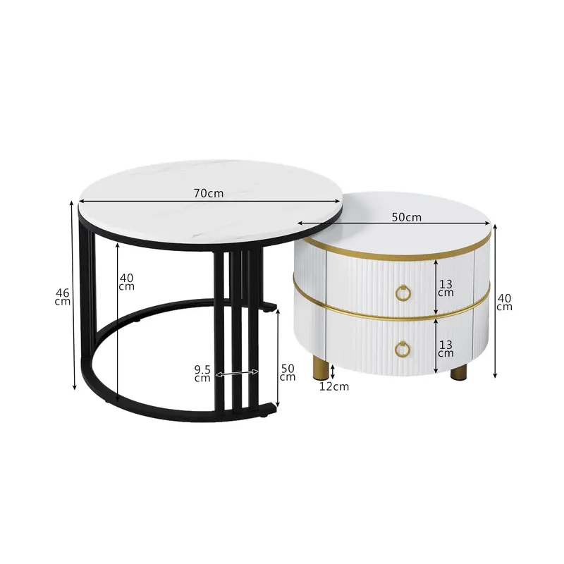 2024 High Quanlity 2-in-1 round MDF coffee table with 1 high-gloss table top and 1 side table with brown tempered glass tabletop, living room coffee table set with 2 drawers, 70*70*45 + 50*50*40 cm Modern Furniture Coffee Table for Living Room 8
