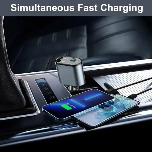 4 in 1 Retractable Car Charger, Type-C Cable Fast Charging Up To 66W, Car Phone Charger with Voltage Display for iPhone 15/14/13/12 Pro Max, iPad, Samsung, Electronic 4