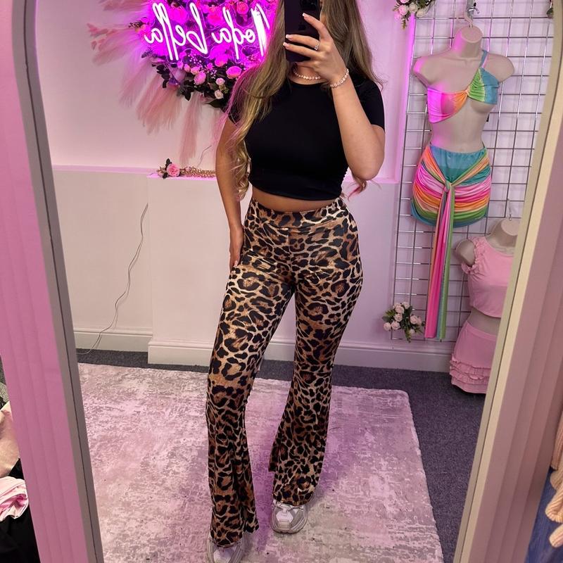 Leopard Print Scrunch Bum Flared Trousers 1