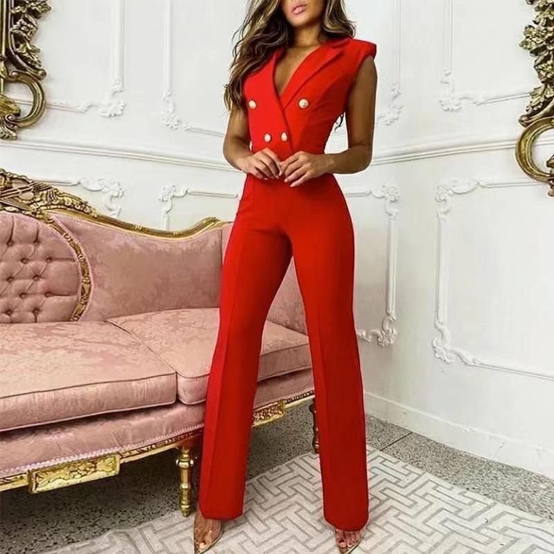 Product Introduction of 2024 New Elegant Women Plaid Jumpsuit Onepieces Y2K Chic Office Lady Summer Sleeveless V Neck High Waist Button Romper Overalls 7