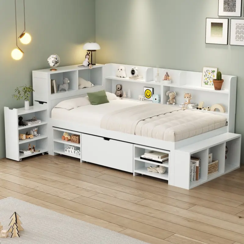Children's bed, Single Bed-3ft(90*190cm), single bed, multifunctional children's bed with drawers, bookcase and storage cupboard, large storage space, slatted frame, without mattress, white 8
