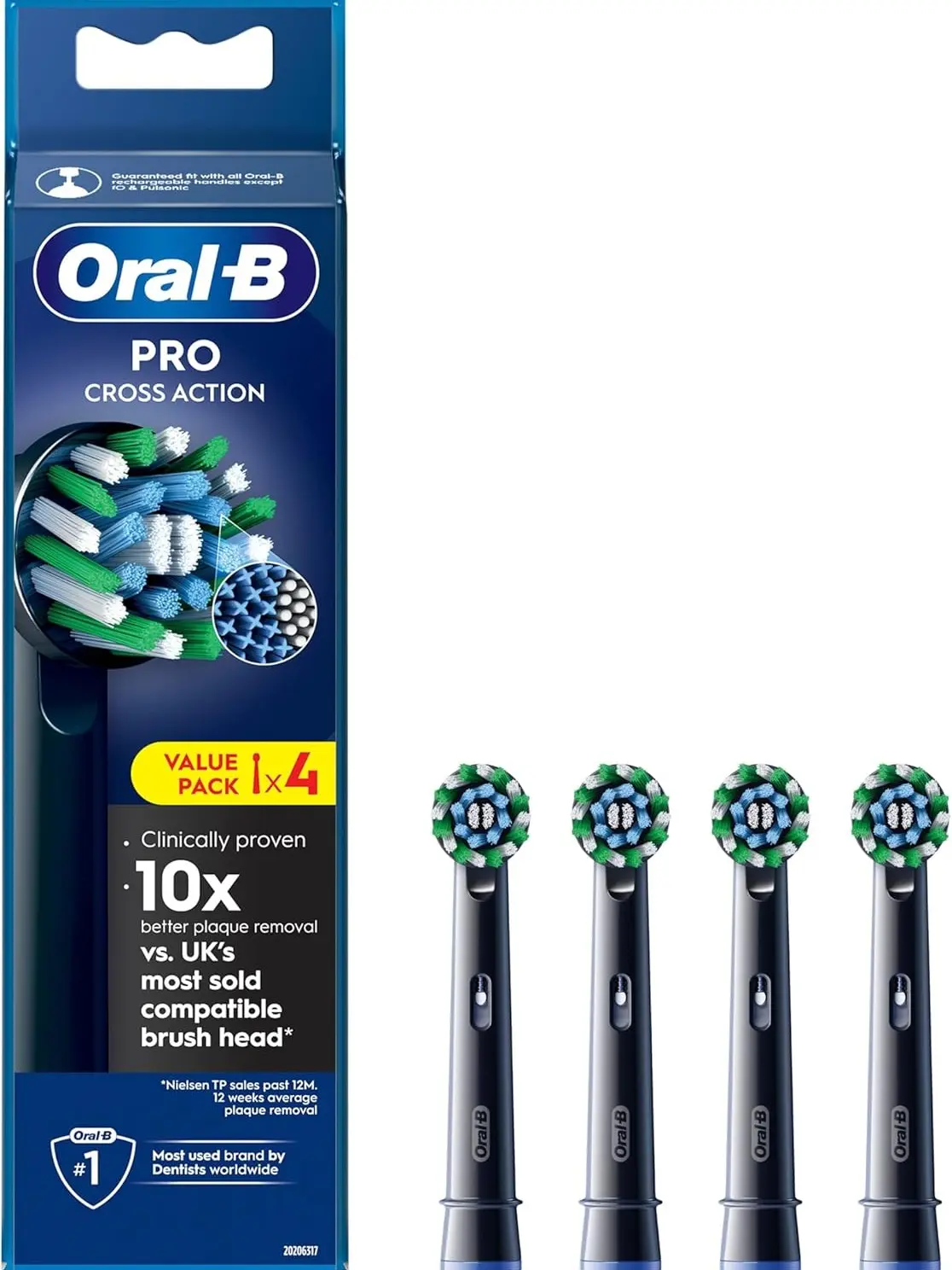 Cross Action Electric Toothbrush Head, Oral B Electric Toothbrush Heads, X-Shape and Angled Bristles for Deeper Plaque Removal, Pack of 4 Toothbrush Heads, Black, Oral B Replacement Heads
