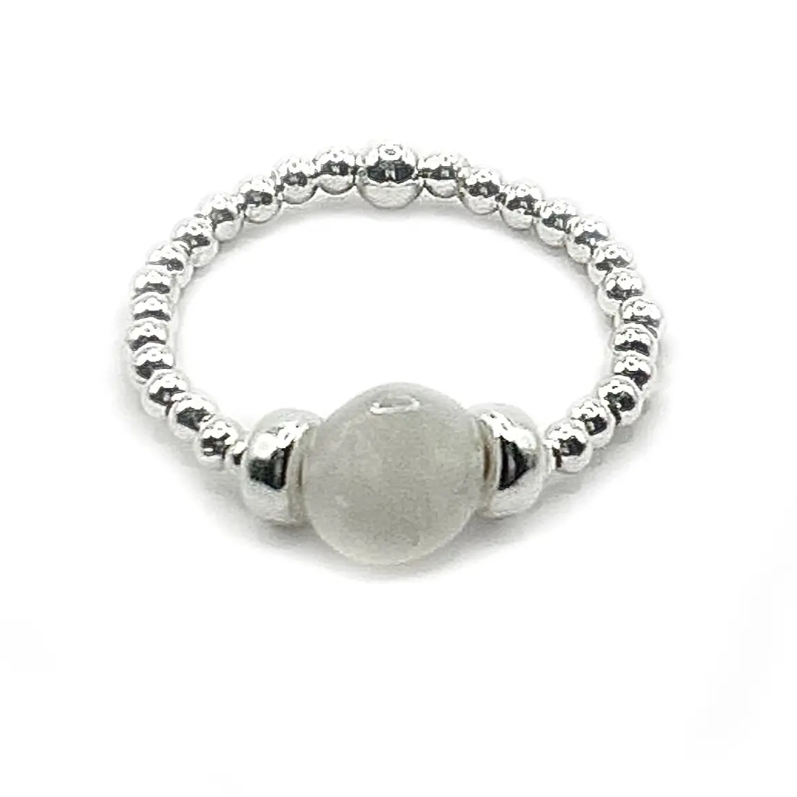 Moonstone Pebble Ring. Beaded Stretch Ring. 925 Sterling Silver