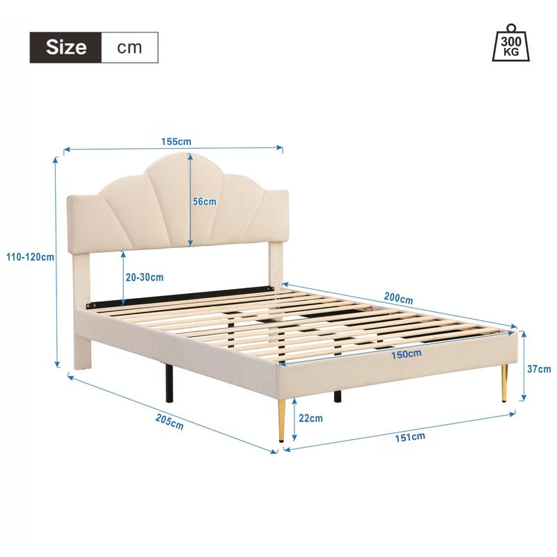 Luxury Uk New King Size Bed-5ft(150*200cm)TV Double Velvet upholstered bed shell-like bed with golden iron legs, height-adjustable headboard, wooden slatted frame, Beige california king 7
