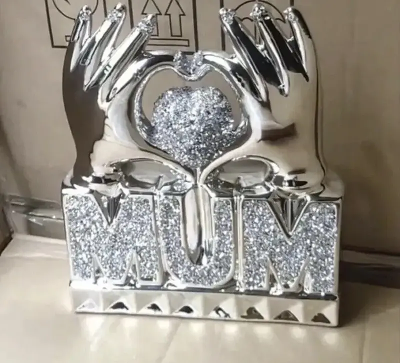 MUM  Heart Hand Silver Crushed Diamond Crystal Ornament Home Decor Gift Bling 3