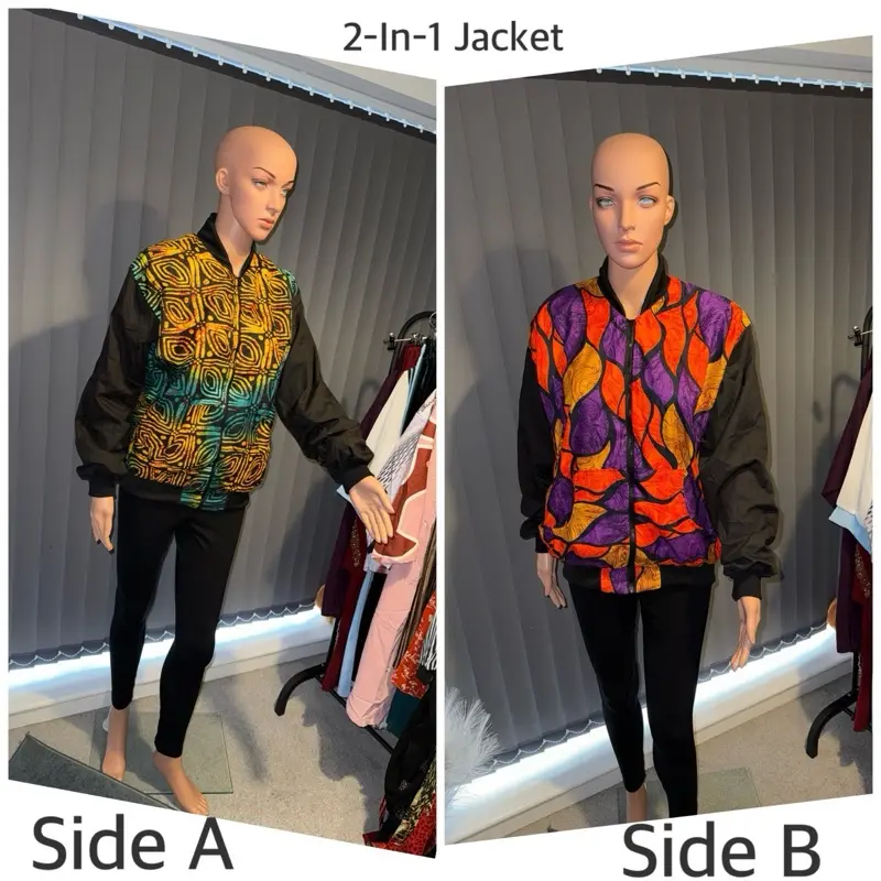 Reversible Ankara African Prints Women's Two Sides Bomber Jacket Long Sleeve Comfort Outerwear - WomenswearFitted, Coats
