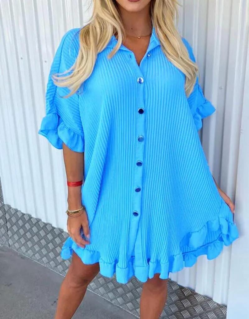 Product Introduction of Women’s Ladies Gold Button Pleated Frill Summer Shirt Swing Mini Dress Viral TikTok Top Casual Fabric 3