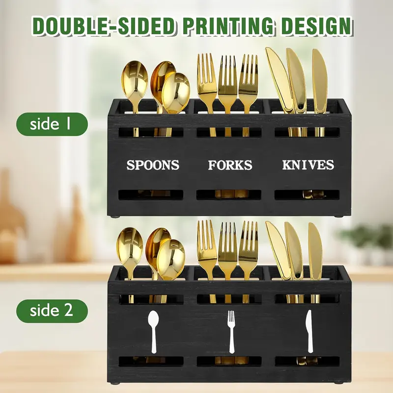 Rustic Wooden Kitchen Utensil Holder with Sturdy Iron Handle - 3-Compartment Organizer for Spoons, Forks, Knives - Perfect for Home & Restaurant Storage Kitchen Knives Knife Classic Black 6