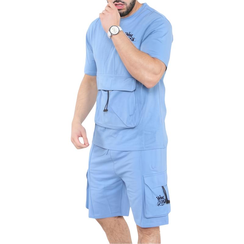Mens Short Sleeve Short & T-Shirt Set Gym Jogging Lightweight Sweat Top Tee Chest Pocket Cargo Fleece Shorts 6