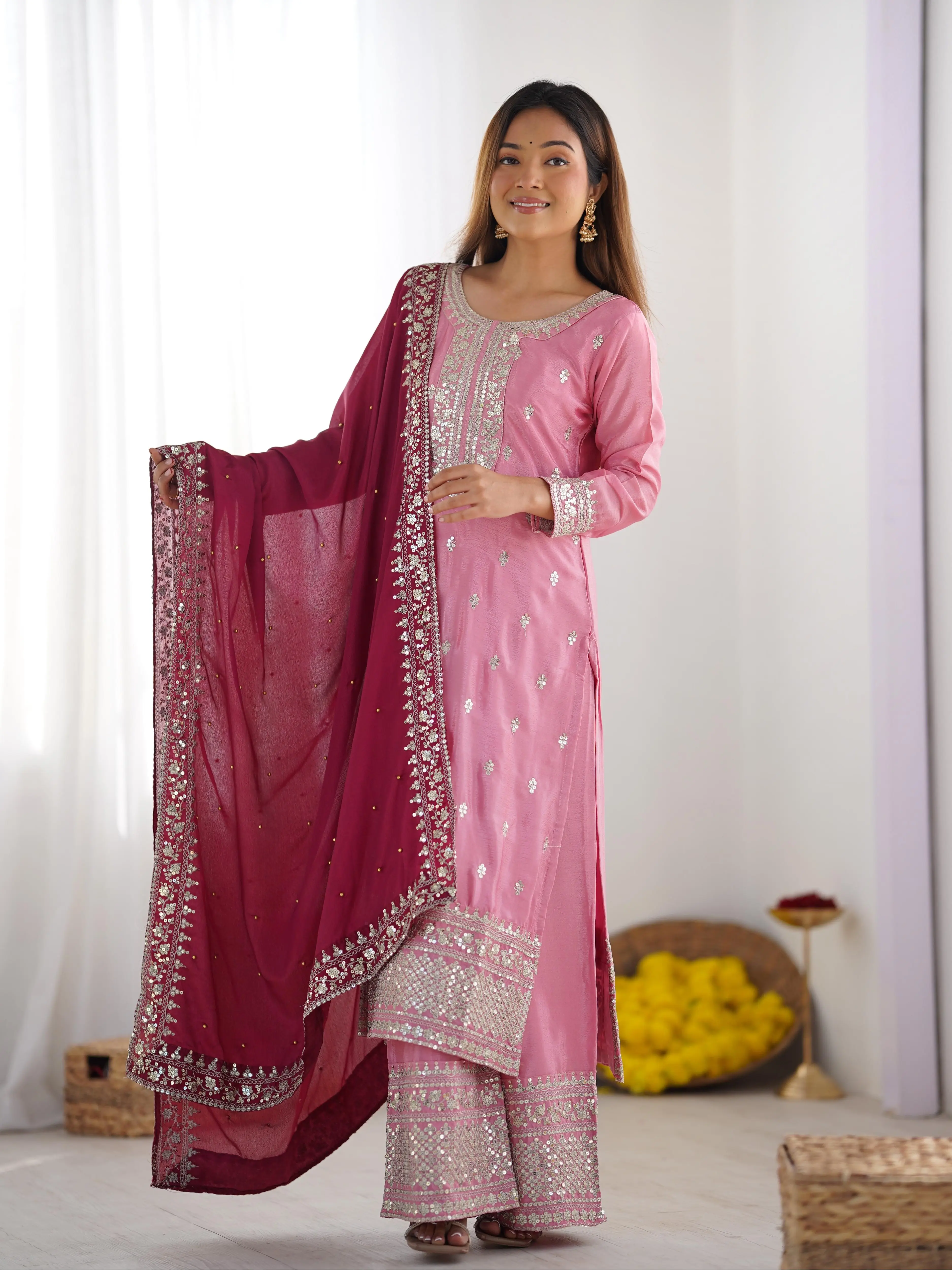 Light Pink Chinnon Silk Dress with Embroidery Sequence Work and Full Sleeves - Festival Collection - Womenswear, Comfort