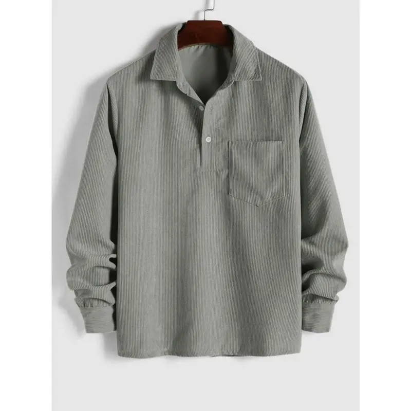 Men's Plain Pocket Half Button Corduroy Shirt, Soft Comfy Regular Fit Long Sleeve Half Placket Collared Top for Fall & Winter, Men's Clothes, Basic Tops, Mens Clothing, Better Men 4