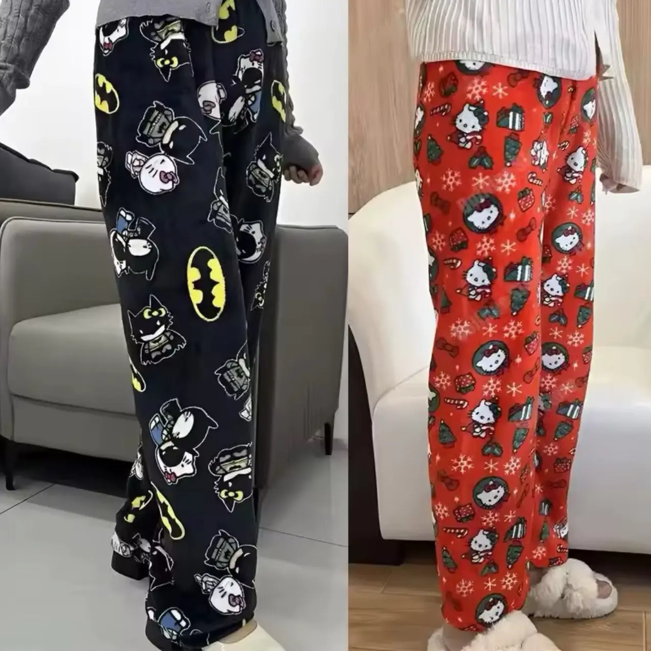 Sanrio Y2k Autumn Hellokitty Batman Pajama Pants for Women - Warm and Cute Flannel Bottoms - Womenswear Trouser Comfort Gamis Loungewear Nightwear Casual Comfortable Everyday Hip Ladies Overall