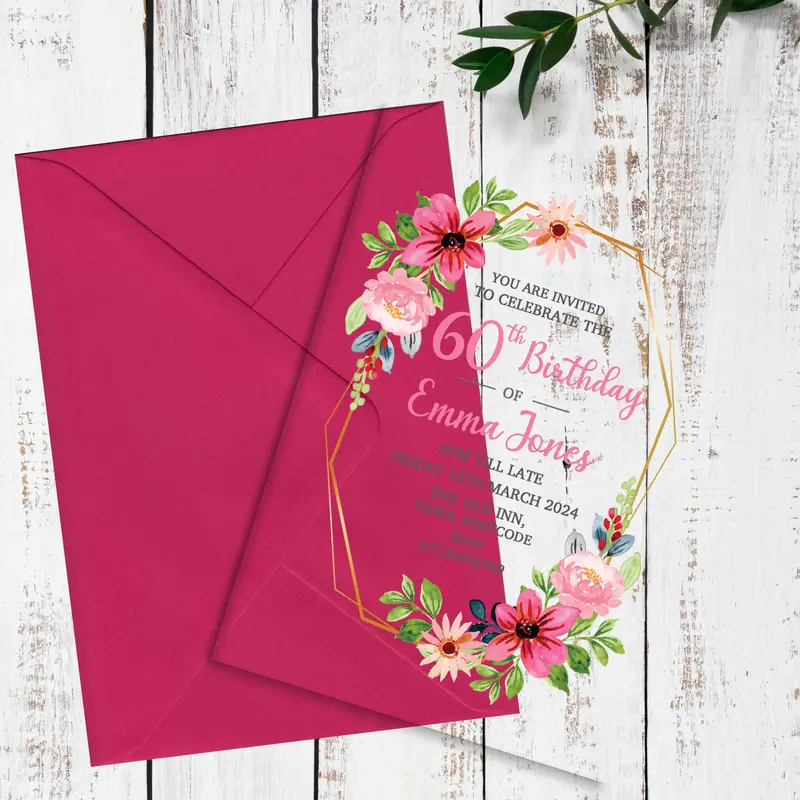 60th Or Any Age Party Pink Floral Frame Acrylic Clear Birthday Party Invitations - Special Invitations, Beskoke Invites, Custom Personalised Acrylic Invitations 3