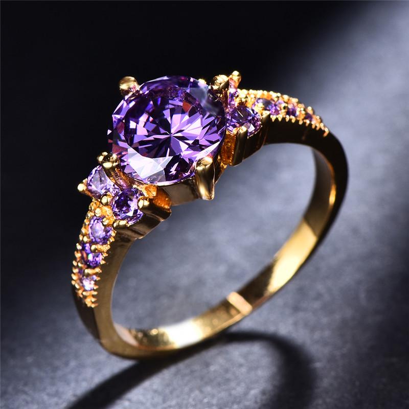 Product Introduction of Boho Purple Pink zirconia Ring Round Cut 18k Gold Plated Wedding Engagement Evening Party Ring 2