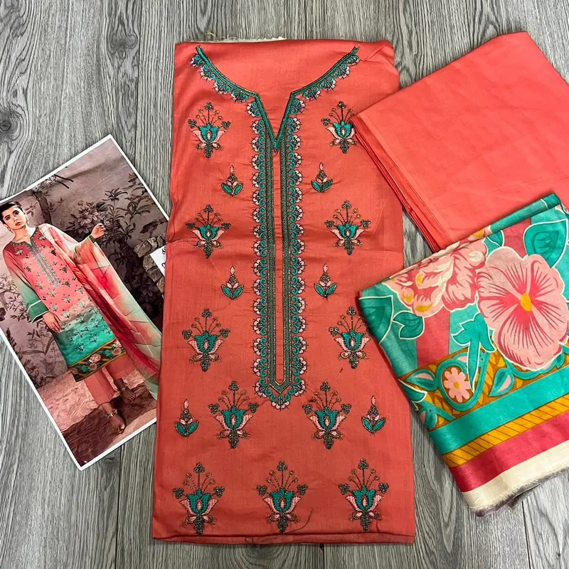 Embroidered lawn 3 piece. Lawn dupatta. Unstitched. Pakistani/Indian summer outfit. Casual. 1