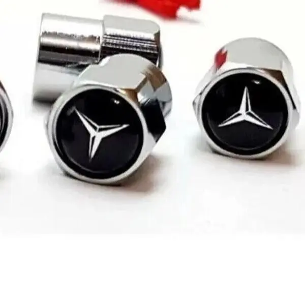 MERCEDES Chrome Wheel Tyre Valve Dust Caps Covers Set x4 Black Metal