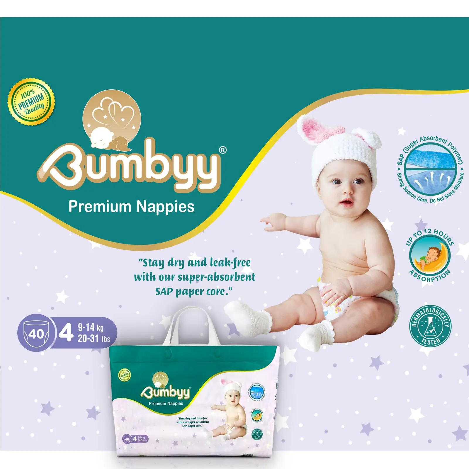 Bumbyy Premium Nappies: Eco-Friendly, Hypoallergenic, Ultra-Absorbent SAP Core, 12Hr Leak-Free, Soft & Thin for Sensitive Skin (Size 4 (40 Count))