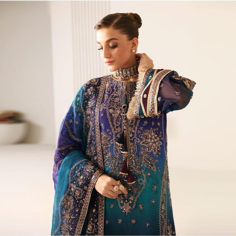 Embroidered Shaded Chiffon Readymade Salwar Kameez for Eid, Nikkah, Mendhi, & South Asian wedding parties. Featuring intricate embroidery, Dupatta, sleeves, palazzo trousers. Soft, breathable chiffon,perfect for Pakistani, indian bridal festive.Eid outfit 1