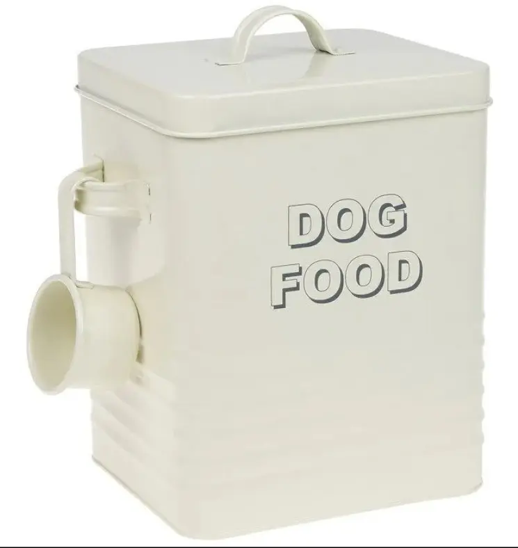 METAL GREY DOG FOOD TIN WITH SCOOP HOME SWEET HOME