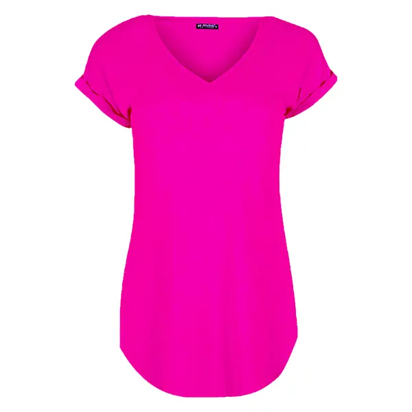 Womens Ladies Turn Up Sleeve V Neck Curved Hem Casual Basic Oversize T Shirt Top