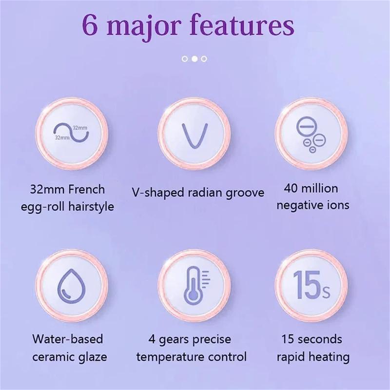 French wave curling iron,romantic French egg roll curling iron, water rippleegg roll 32MM French V-shaped curling iron, 4-speed temperature adjustment, fast heatingadjustable temperature, suitable for any hairstylehair type Comfort 8