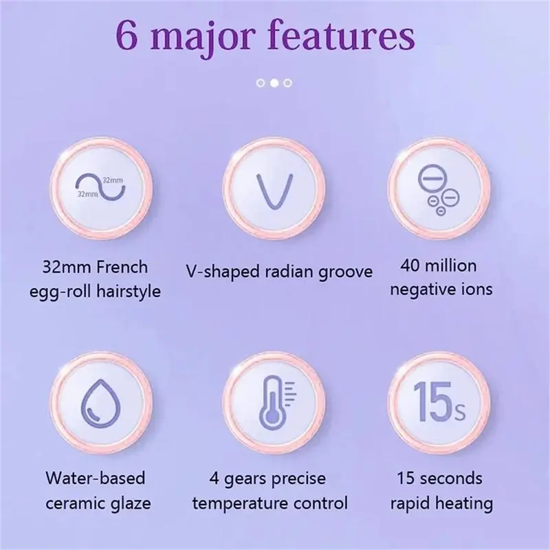 French wave curling iron,romantic French egg roll curling iron, water rippleegg roll 32MM French V-shaped curling iron, 4-speed temperature adjustment, fast heatingadjustable temperature, suitable for any hairstylehair type Comfort 8