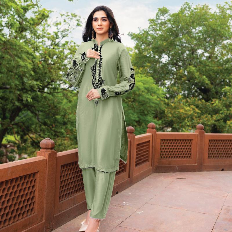 Haneen Collection By Momina Designer | PD-440-5 - 2 Piece Stone Linen Embroidered Kurti With Trouser  | Womenswear Elegance 4