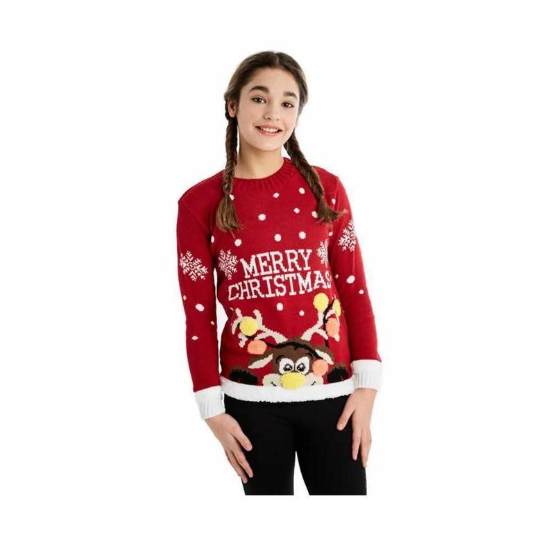 Womens Merry Christmas Print Long Sleeve Reindeer Pom Pom Jumper Sweatshirt Girls Xmas Party Wear Knitted Warm Pullover Novelty Sweater Top Knitwear 7