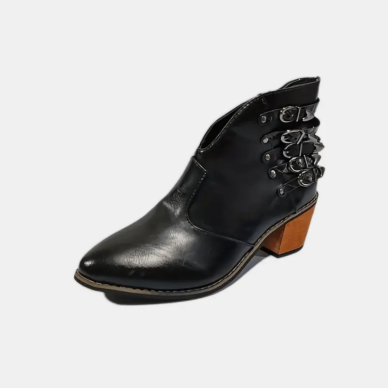 Women's PU Ankle Boots - 5 Buckle Straps, Round Toe, Block Heel, Soft Flannel Lining, Rubber Sole, Zipper Closure 5