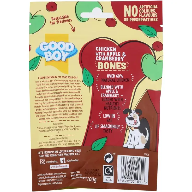 Good Boy Superlicious Chicken, Apple & Cranberry Bones - Natural Dog Treats - Low Fat Training Treats - Bulk Box - 10 x 100g 2